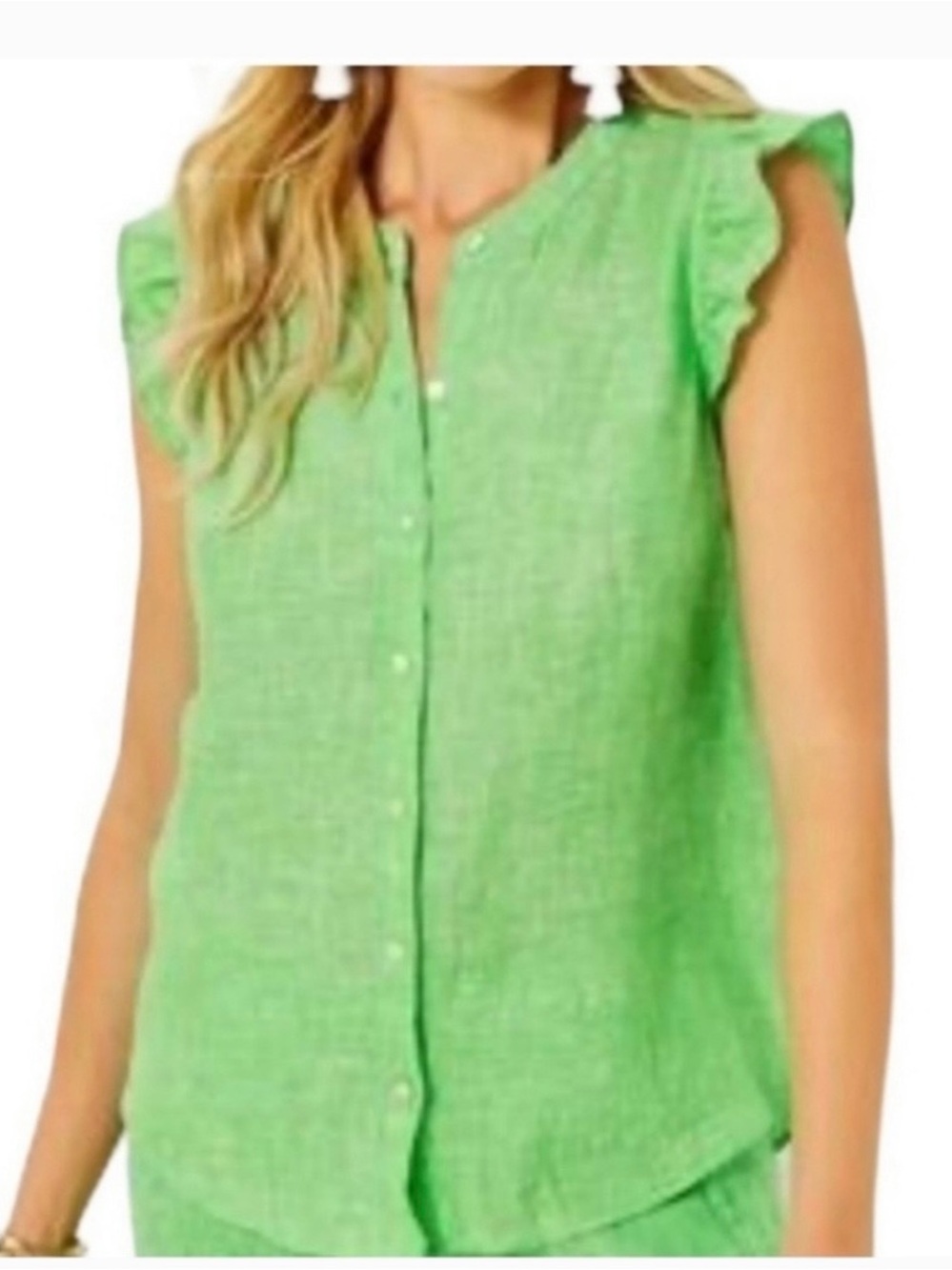 Lilly Pulitzer Green Ruffle-Sleeve Button Front Top